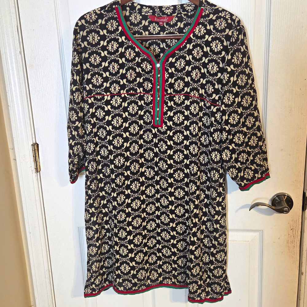 Isvarah Women Tunic Top Sz XXL Black Cream Floral Print V-Neck 3/4 Sleeve Kurti
